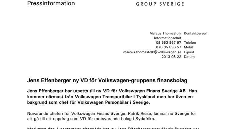 Jens Effenberger ny VD för Volkswagen-gruppens finansbolag 