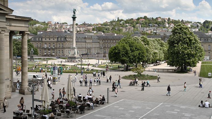 Schlossplatz (Palace Square) with statue and fountains in Stuttgart, Germany. Photo: Shutterstock.