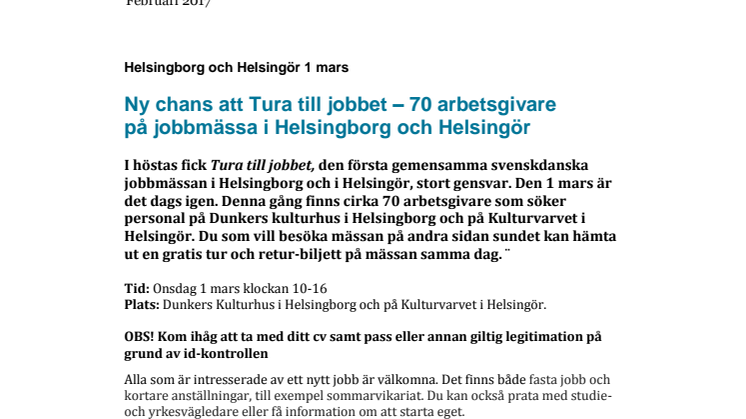 ​Ny chans att Tura till jobbet – 70 arbetsgivare på jobbmässa i Helsingborg och Helsingör