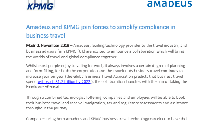 Amadeus og KPMG forenkler forretningsrejser gennem et nyt samarbejde 