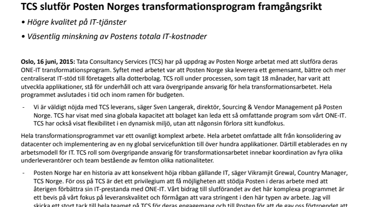 TCS slutför Posten Norges transformationsprogram framgångsrikt   