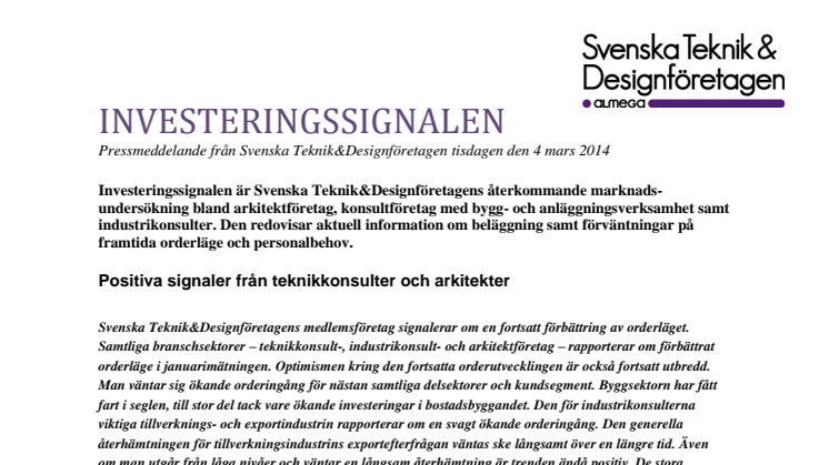 Svenska Teknik&Designföretagen: Pressmeddelande Investeringssignalen, mars 2014