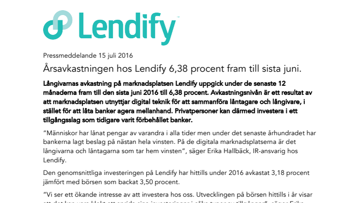 Årsavkastningen hos Lendify 6,38 procent fram till sista Juni