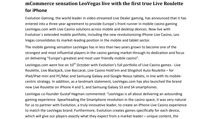 mCommerce sensation LeoVegas live with the first true Live Roulette for iPhone