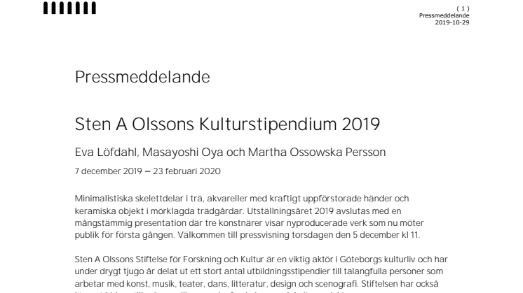 Sten A Olssons Kulturstipendium 2019