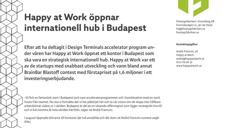 Happy at Work öppnar internationell hub i Budapest