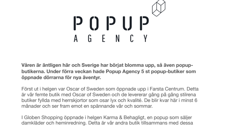 ​Popup Agency öppnar fem nya popup-butiker