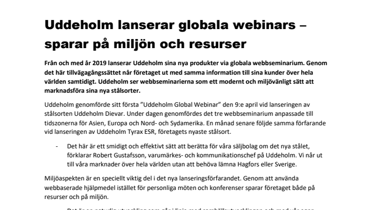 Uddeholm lanserar globala webinars – sparar på miljön och resurser