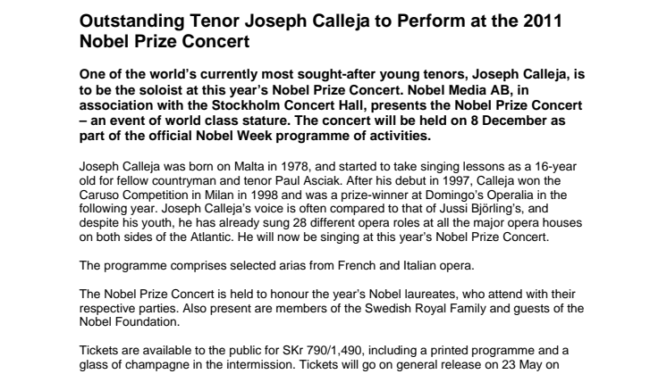 Outstanding Tenor Joseph Calleja to Perform at the 2011 Nobel Prize Concert