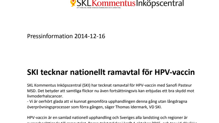 SKI tecknar nationellt ramavtal för HPV-vaccin