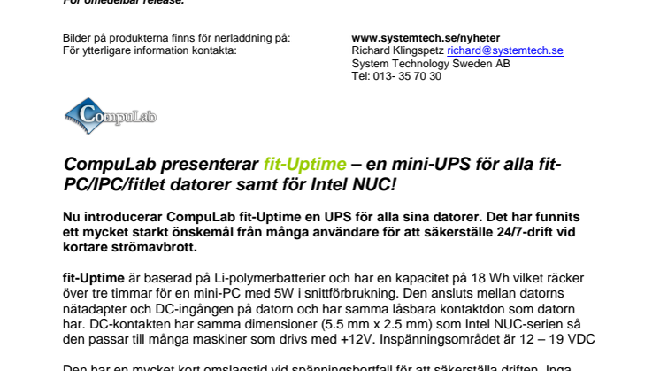 fit-Uptime – en mini-UPS för alla fit-PC/IPC/fitlet datorer samt för Intel NUC!