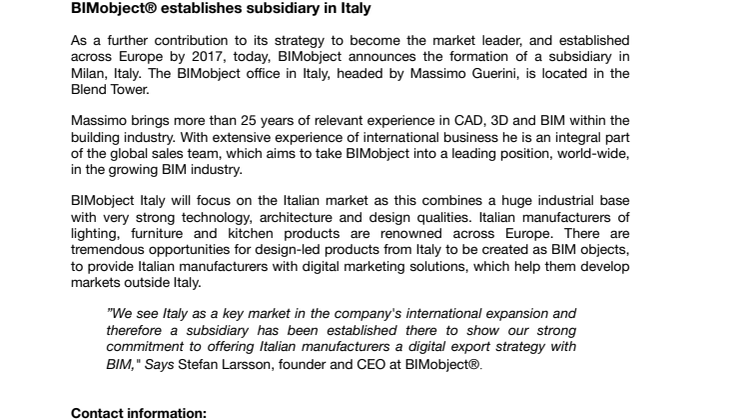 BIMobject® establishes subsidiary in Italy