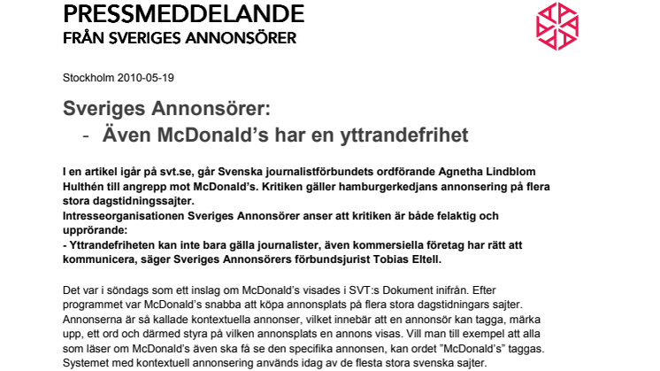 Sveriges Annonsörer: Även McDonald’s har en yttrandefrihet