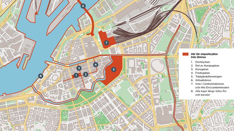 Kartan visar var i centrala Göteborg som elsparkcyklar inte får lämnas eller parkeras. Karta: Göteborgs Stad