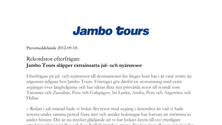 Rekordstor efterfrågan: Jambo Tours släpper extrainsatta jul- och nyårsresor