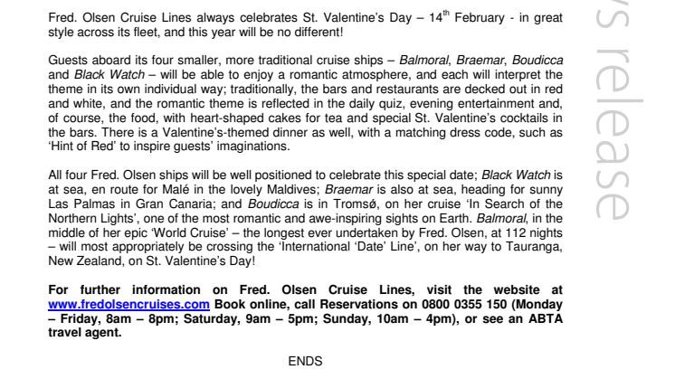 Fred. Olsen Cruise Lines Celebrates St. Valentine's Day