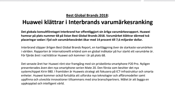 Best Global Brands 2018: Huawei klättrar i Interbrands varumärkesranking