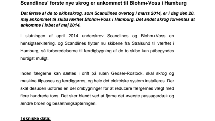 Scandlines’ første nye skrog er ankommet til Blohm+Voss i Hamburg