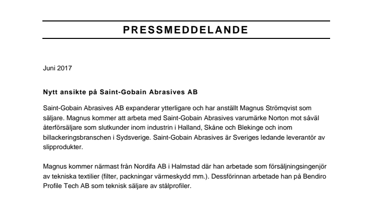 Nytt ansikte på Saint-Gobain Abrasives AB