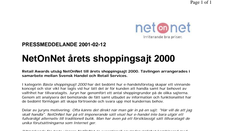 NetOnNet årets shoppingsajt 2000