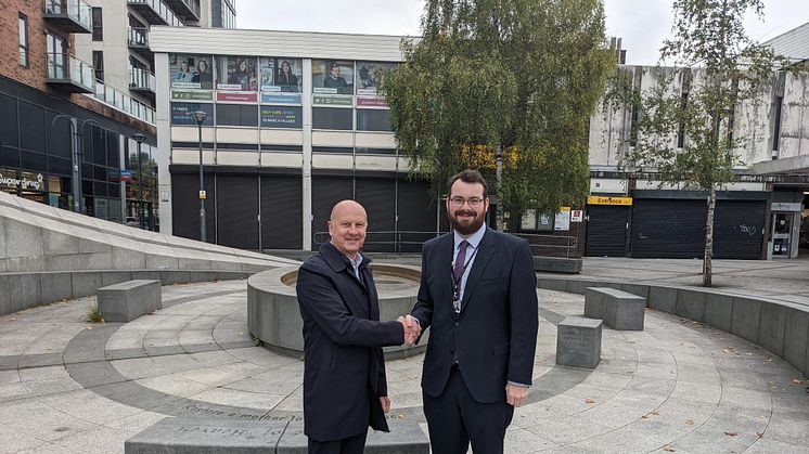 David Burkinshaw, development director at Muse Developments, and Cllr Eamonn O’Brien, leader of Bury Council, at the Longfield Centre in Prestwich.