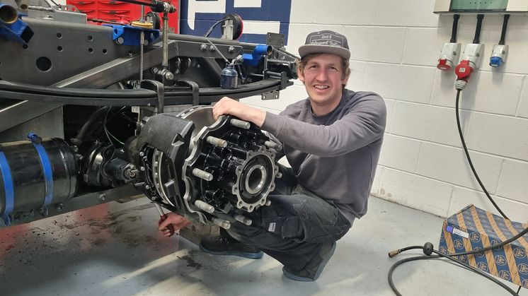 T Sport Bernau chief technician Tim Frost at work on the race truck brakes.