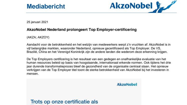 AkzoNobel Nederland prolongeert Top Employer-certificering 