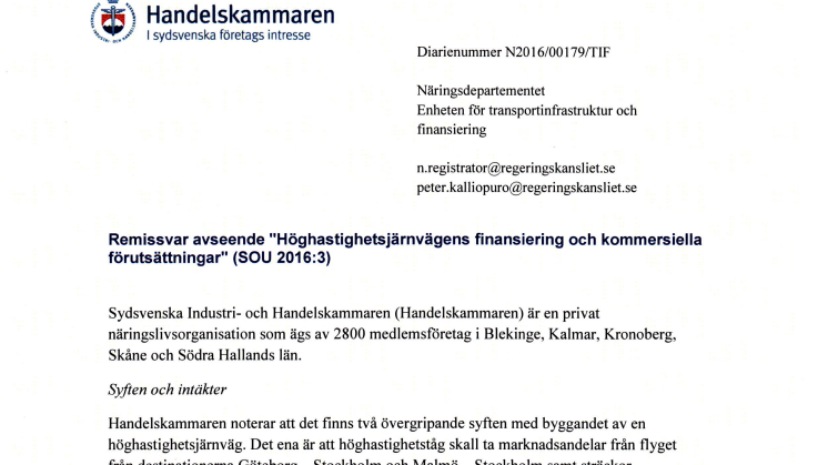 Remissvar avseende delrapport från Sverigeförhandlingen- Höghastighetsjärnvägens finansiering och kommersiella förutsättningar