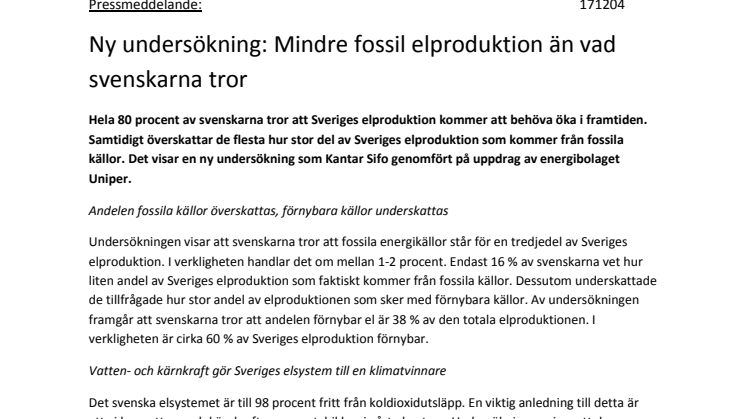 Ny undersökning: Mindre fossil elproduktion än vad svenskarna tror 