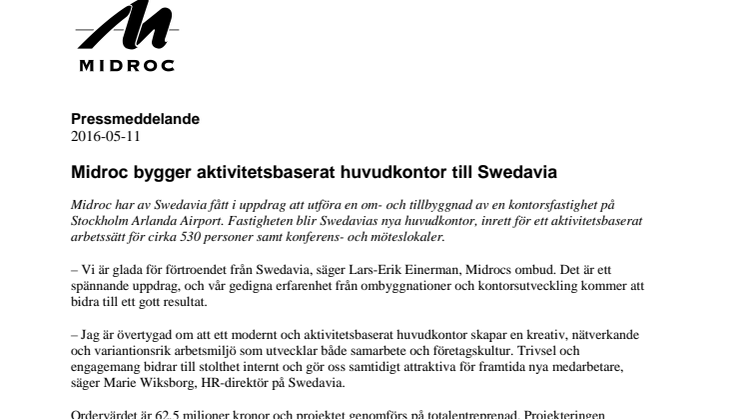 Midroc bygger aktivitetsbaserat huvudkontor till Swedavia 