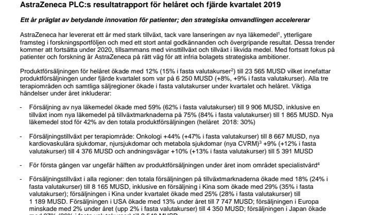 AstraZeneca PLC:s resultatrapport för helåret och fjärde kvartalet 2019 - sammanfattning på svenska