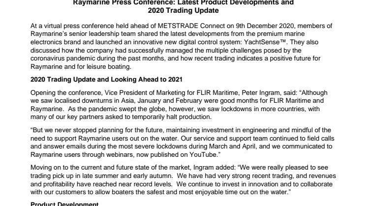 Raymarine Press Conference: Latest Product Developments and  2020 Trading Update 