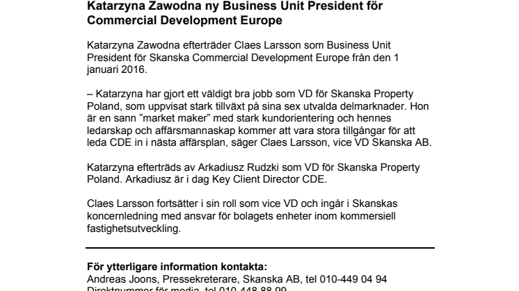 Katarzyna Zawodna ny Business Unit President för Commercial Development Europe