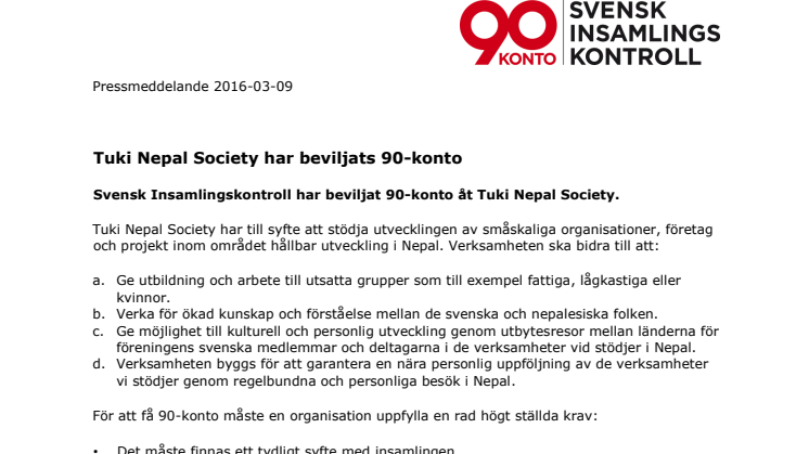 Tuki Nepal Society har beviljats 90-konto 