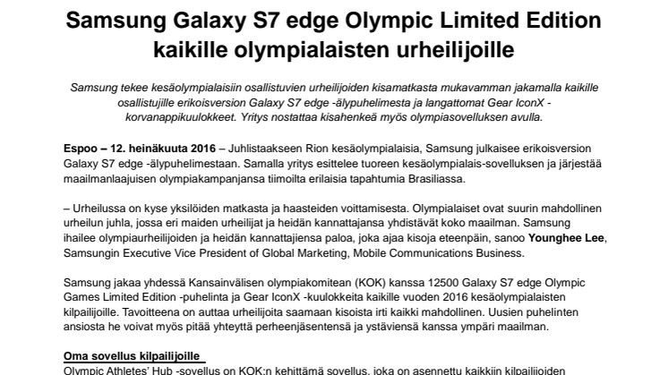 Samsung Galaxy S7 edge Olympic Limited Edition kaikille olympialaisten urheilijoille