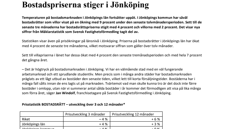 Bostadspriserna stiger i Jönköping