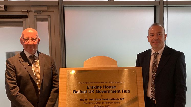 (L-R) Jim Harra, HMRC’s First Permanent Secretary and Chief Executive, and NI Secretary of State Chris Heaton-Harris at the formal opening of Erskine House, HMRC’s Belfast Regional Centre and UK Gov hub