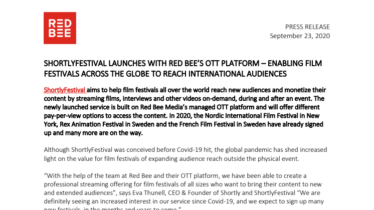 ShortlyFestival Launches with Red Bee's OTT Platform- Enabling Film Festivals Across the Globe to Reach International Audiences 