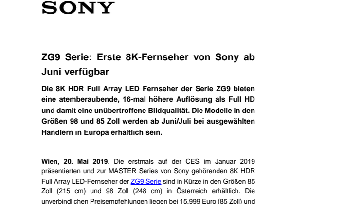 ZG9 Serie: Erste 8K-Fernseher von Sony ab Juni verfügbar