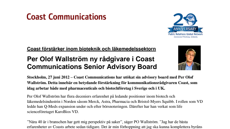 Per Olof Wallström ny rådgivare i Coast Communications Senior Advisory Board