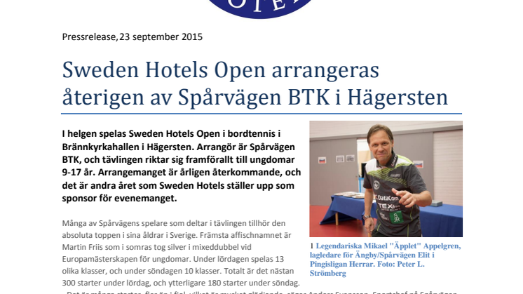 Sweden Hotels Open arrangeras återigen av Spårvägen BTK i Hägersten