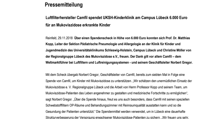 Luftfilterhersteller Camfil spendet UKSH-Kinderklinik am Campus Lübeck 6.000 Euro 