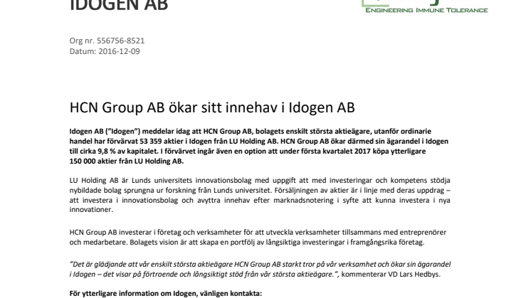 HCN Group AB ökar sitt innehav i Idogen AB