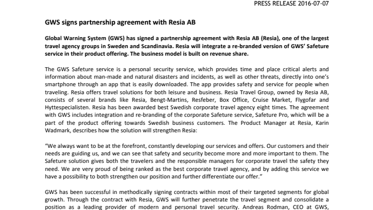 GWS signs partnership agreement with Resia AB