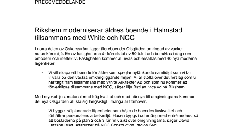Rikshem moderniserar äldres boende i Halmstad tillsammans med White och NCC