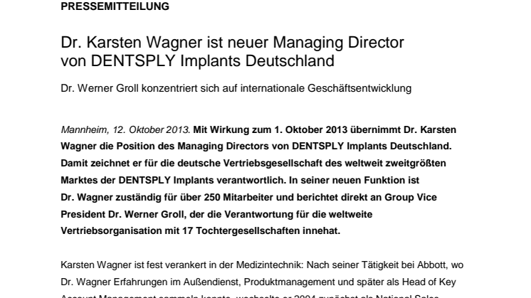 Dr. Karsten Wagner ist neuer Managing Director von DENTSPLY Implants Deutschland