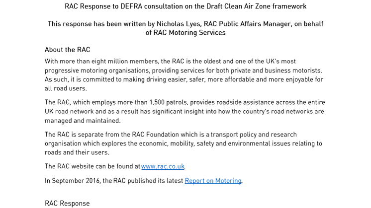 RAC response to the DEFRA clean air zone framework consultation