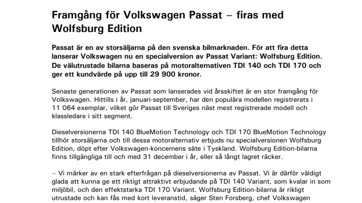 Framgång för Volkswagen Passat – firas med Wolfsburg Edition