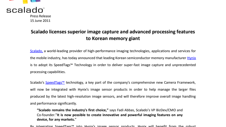 Scalado licenses superior image capture and advanced processing features to Korean memory giant 