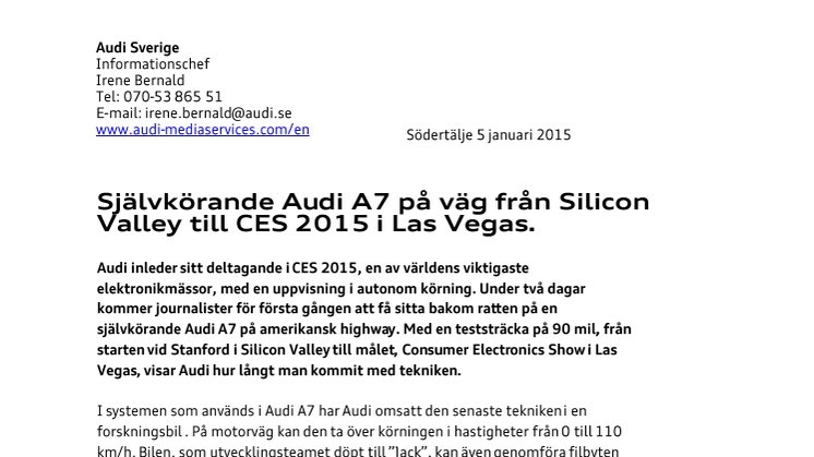 Självkörande Audi A7 på väg från Silicon Valley till CES 2015 i Las Vegas